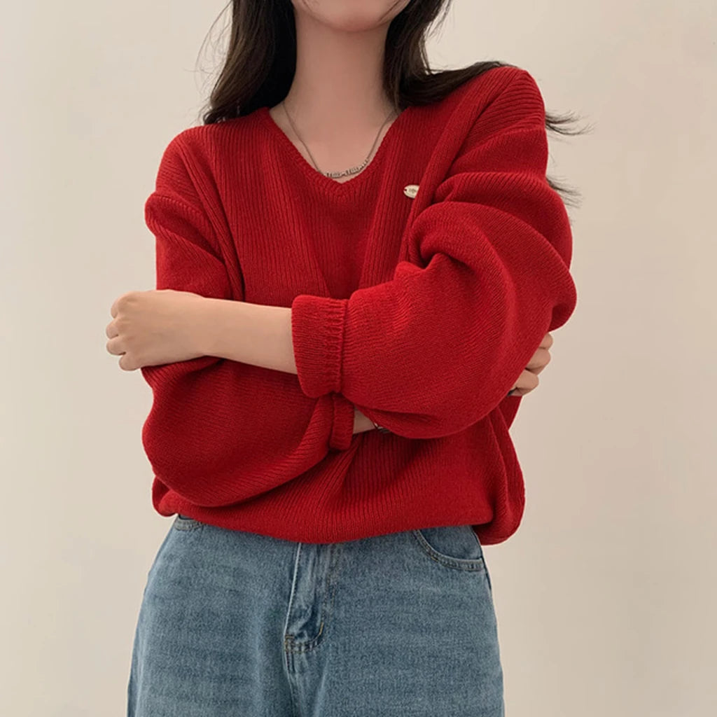Loose Women’s Knitwear V-Neck Long Sleeve T-Shirt – Casual Comfortable Fashionable Autumn Top New Arrival