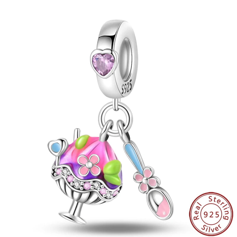 925 Sterling Silver Dessert Afternoon Tea Charm – Coffee, Cake, Pizza & Fries Beads Fit Original Pandora Bracelet DIY Jewelry