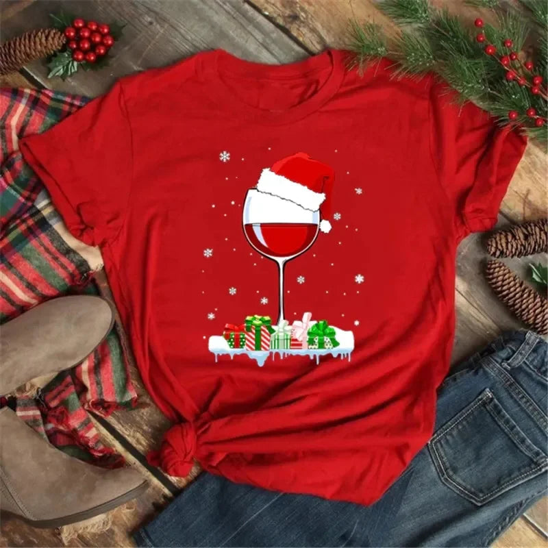 Women’s Christmas Wine Glass T-Shirt | Funny Holiday Black Tee Xmas Gift Top 2025