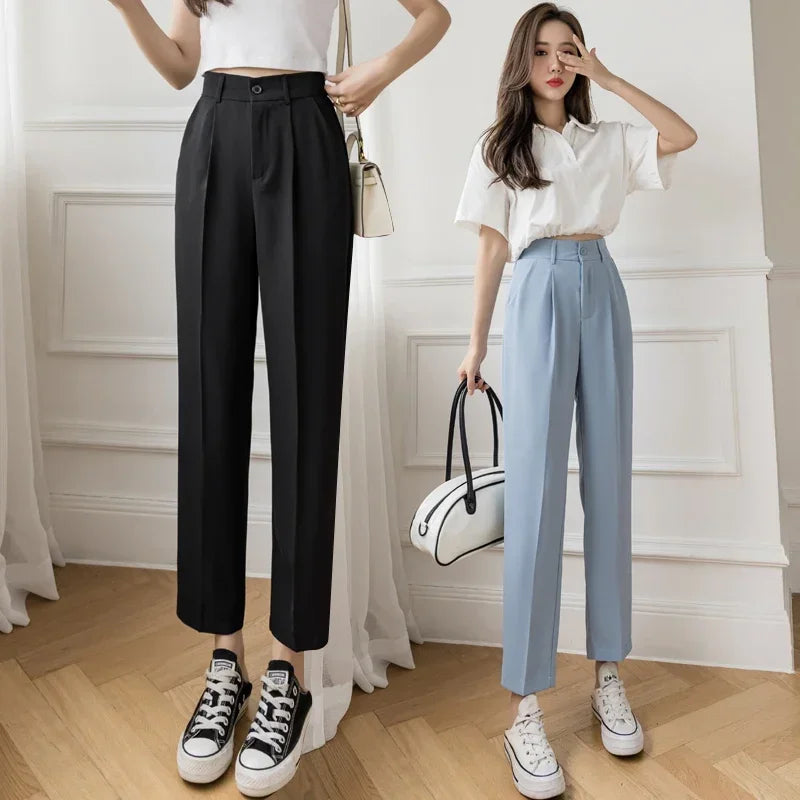 Women’s High Waist Suit Pants | Summer Black Harem Business Pants | Korean Style Pocket Thin Nine-Point Trousers