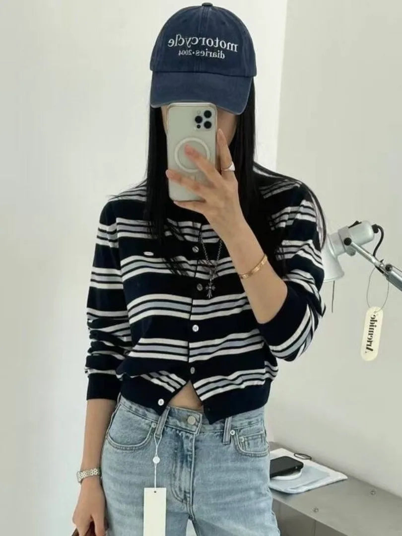 Women's Striped Knitted Cardigan | Chic Spring Button-Up Sweater | Soft Classic Open Front Knitwear