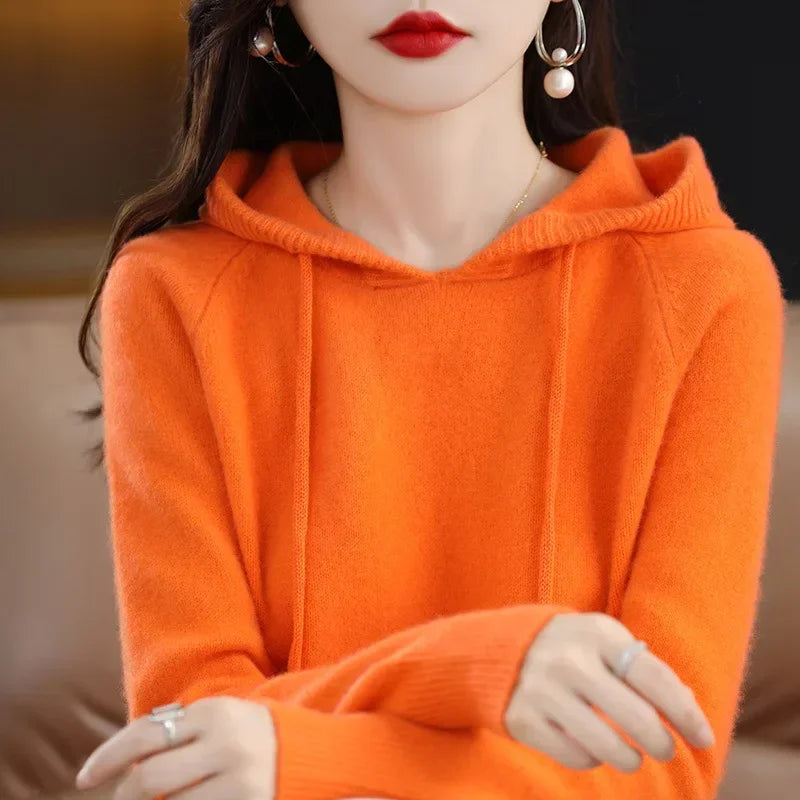 Women Pullover Sweater Hooded Jumper – Korean Loose Fit Solid Long Sleeve Thick Warm Knitted Sweater Autumn Winter