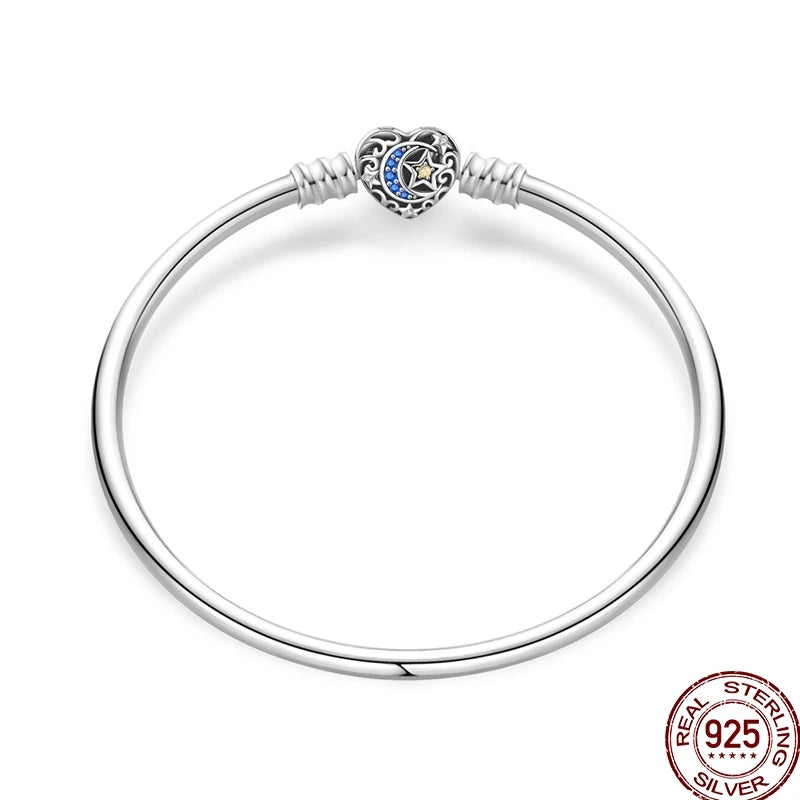 925 Sterling Silver Heart Moon Sun Clasp Charm Bracelet | 17–20CM Original Bracelet for Women | Fits Pandora DIY Beads Jewelry
