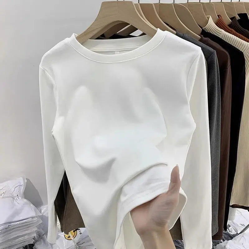 Women’s Winter Thickened Fleece-Lined Round Neck Long Sleeve Base Shirt | Slim Fit Solid Color Thermal Inner Wear Top