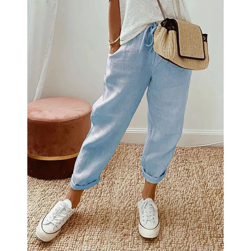 Women’s Casual Solid Color Pants – Drawstring Elastic Waist Trousers with Pockets | Lounge Fashion Straight Pants