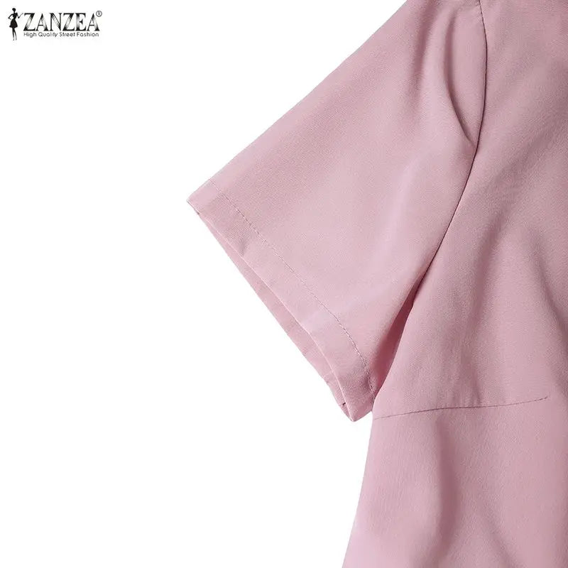 Women Pleated Dress 👗 Elegant O-Neck Short Sleeve Fitted Waist A-Line Knee-Length Dress 🌸 ZANZEA Fashion