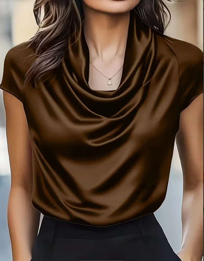 Women’s Satin Cowl Neck Blouse ✨ Short Sleeve Elegant Office Evening Top 💖