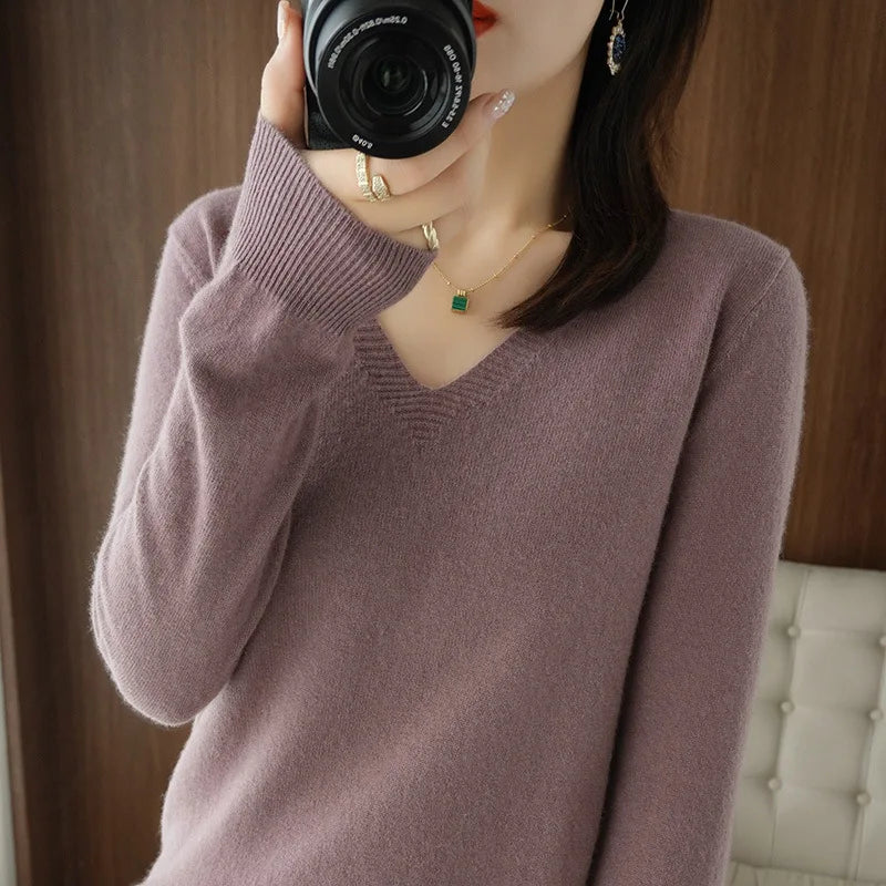 2025 Women’s V-Neck Knitted Sweater | Slim Fit Soft Knit Pullover for Autumn & Winter