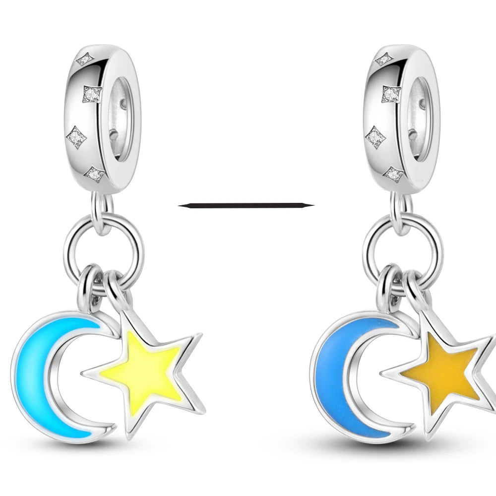 Silver Plated Colorful Glowing Moon & Stars Rainbow Dangle Charms | Fit Original Bracelet & Necklace | Women’s Jewelry Beads