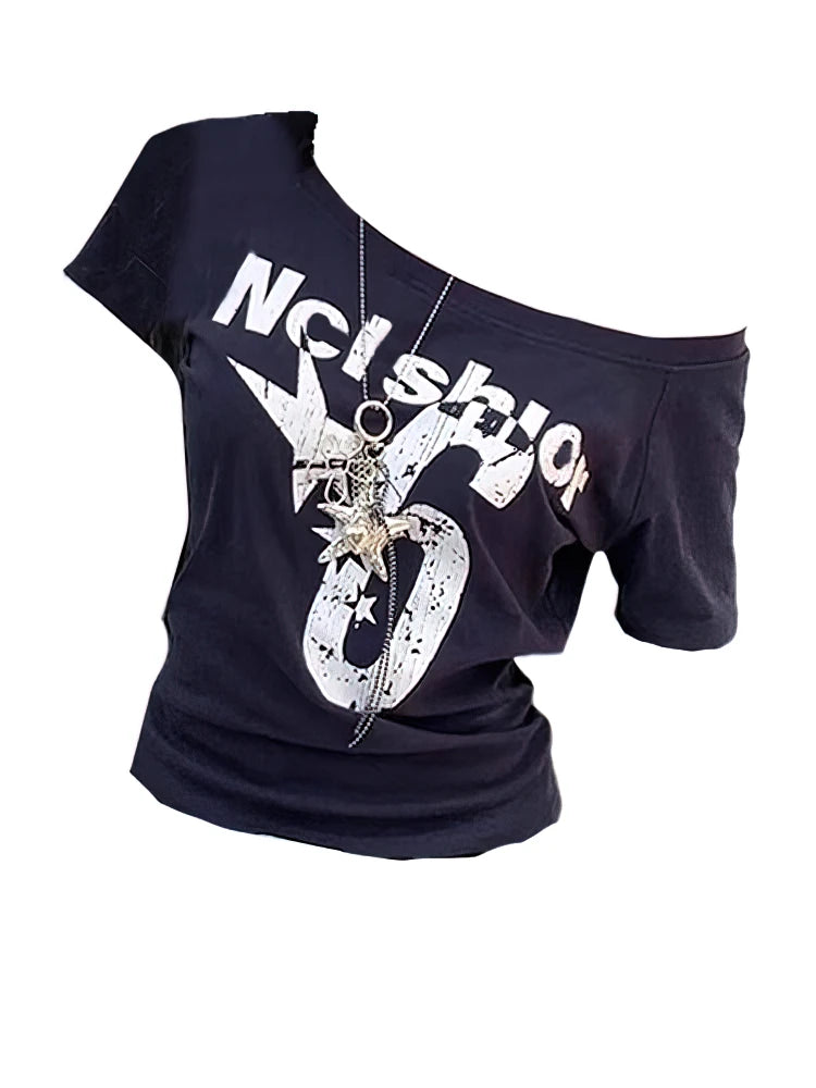 Y2K Sport Summer Off Shoulder Top for Women – Sexy Vintage 2000s Crop T-Shirt Short Sleeve Casual Body Fit Top