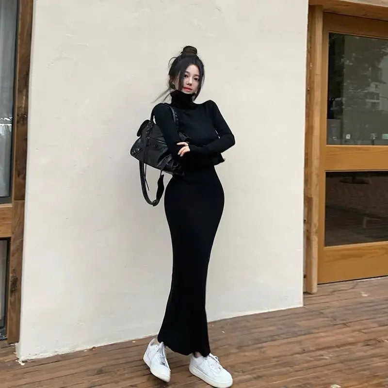Slimming Bla Long Sve High Collar Bodycon Dr Tight Base Layer One Step Wrap around Skirt Women's Faion Spring Autum...