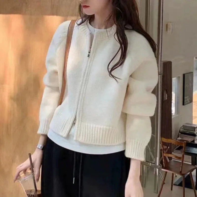 Women's Short Knitted Cardigan 2025 | Autumn Winter Solid Color Zipper Sweater Jacket