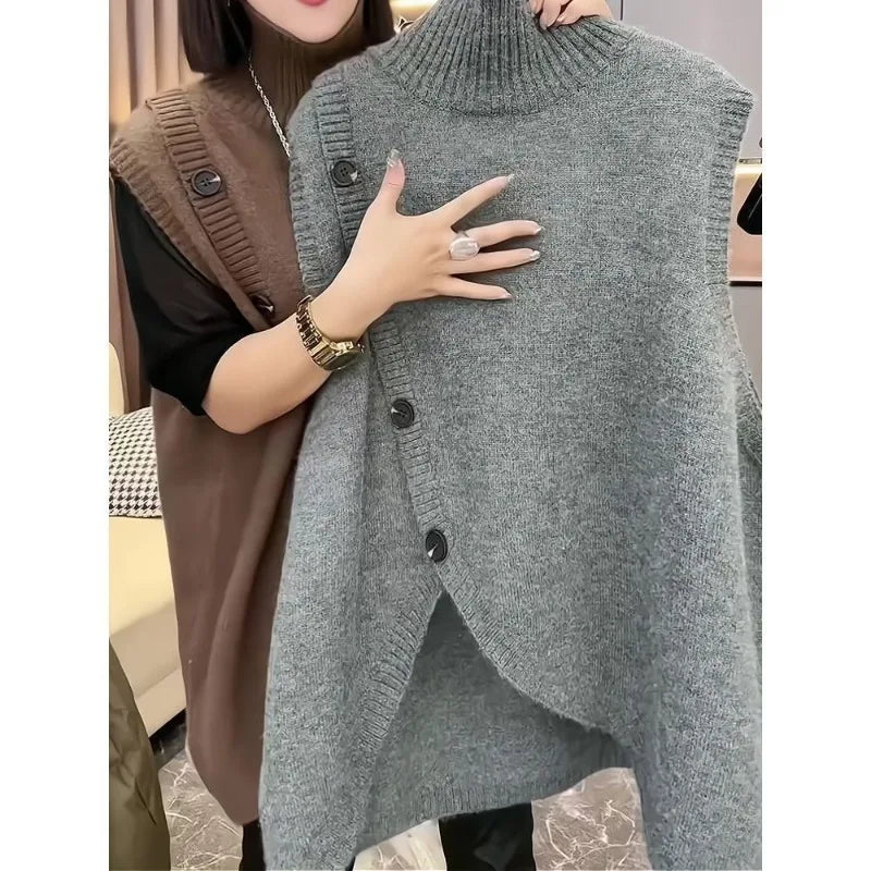 Women’s Sleeveless Long Sweater Vest | Vintage Irregular Spliced Button Knitwear | Elegant Turtleneck Loose Pullover