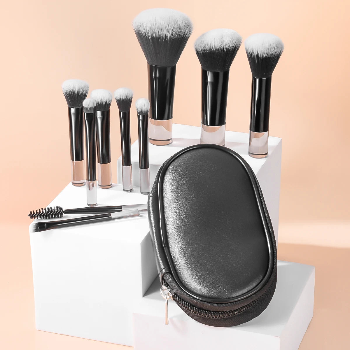 10pcs Mini Makeup Brush Set with Bag – Plastic Handle Multifunctional Makeup Brushes for Home & On-the-Go Use