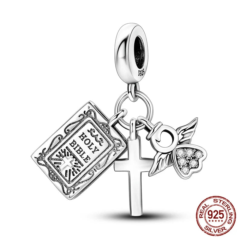 Hot Bible Cross Pink Zircon Charm – 925 Sterling Silver DIY Bracelet for Women
