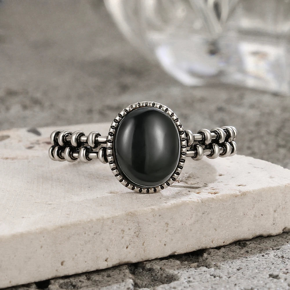 S925 Sterling Silver Gear Chain Ring with Black Onyx – Vintage Punk Style Unisex Jewelry Gift for Men & Women