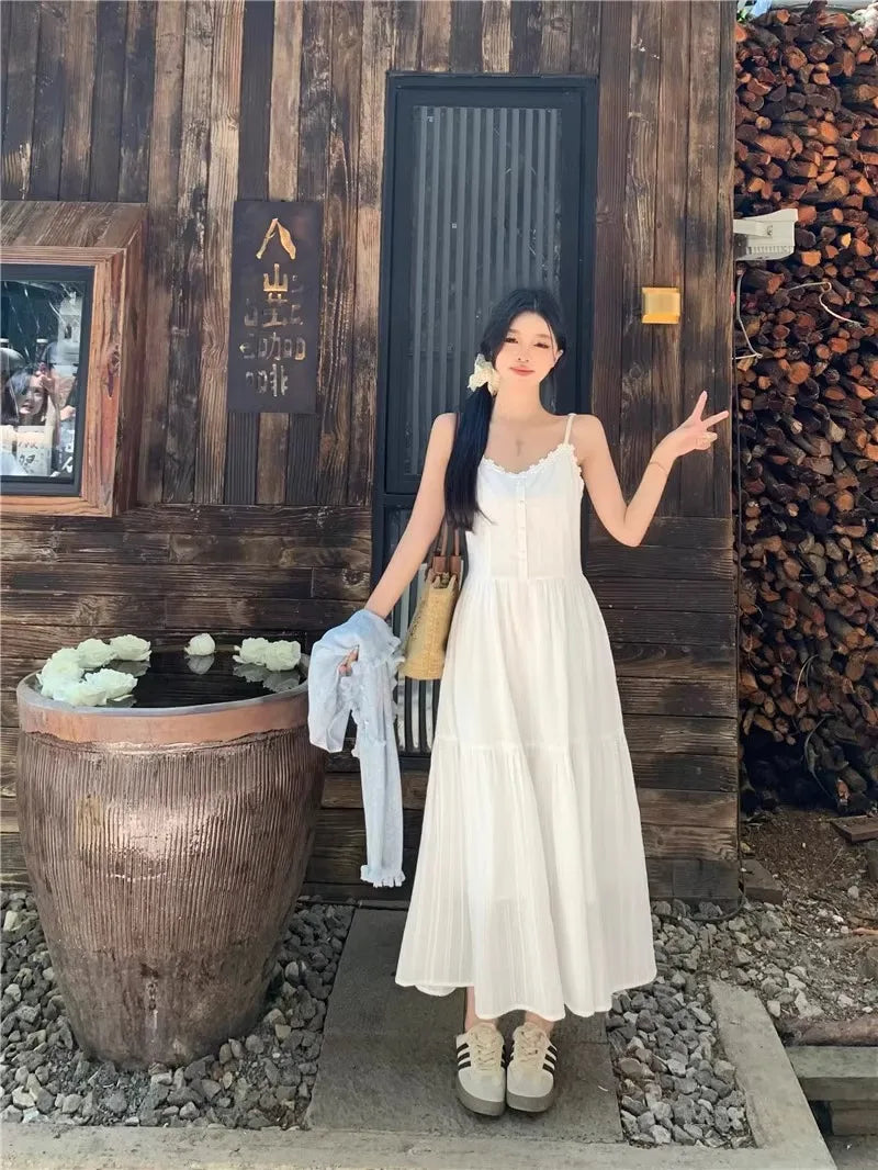 Summer 2025 Women’s Pure Cotton White Strap Dress with Long Sleeve Ice Silk Knitted Sun Protection Cardigan Set – Elegant Fashion