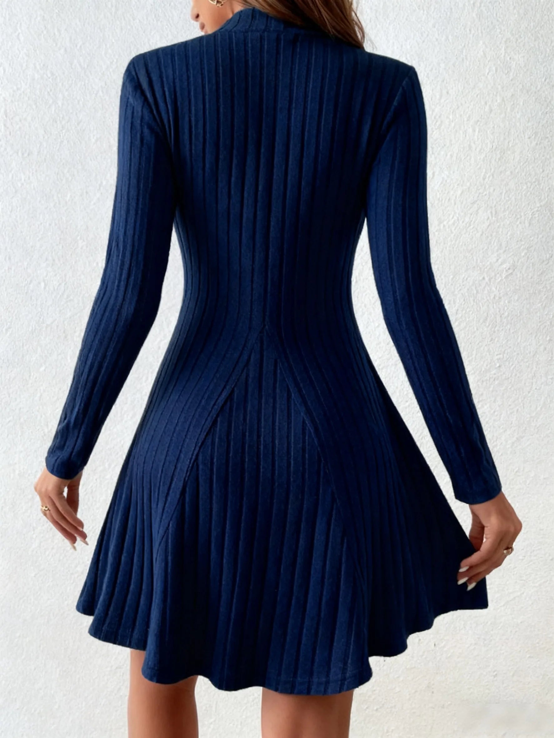 Women’s Slim Fit Half High Collar Dress – Waist Cinched A-Line Pit Stripe Long Sleeve Elegant Autumn Winter Dress