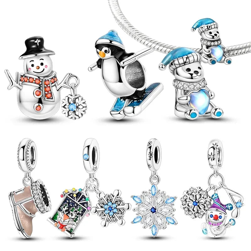 925 Sterling Silver Winter Snowman & Snowflake Charm Beads – Fits Original Bracelet DIY Fine Jewelry Gift for Women