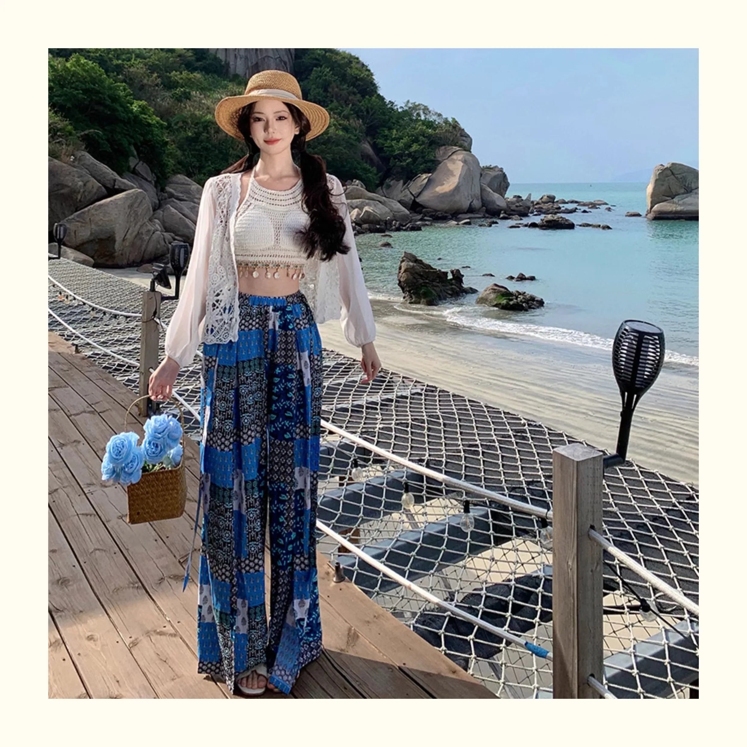 Vacation Style High Waist Wide Leg Pants – Thin Long Ethnic Print Pants for Beach & Holiday Wear