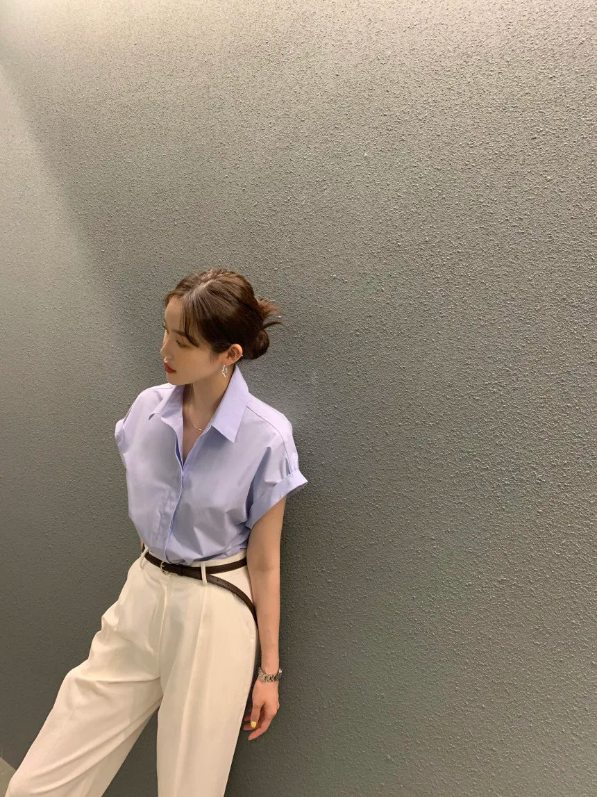 Chic Summer Loose Women’s Shirt | Classic Pure Color Professional Blouse with Small Lapel Collar