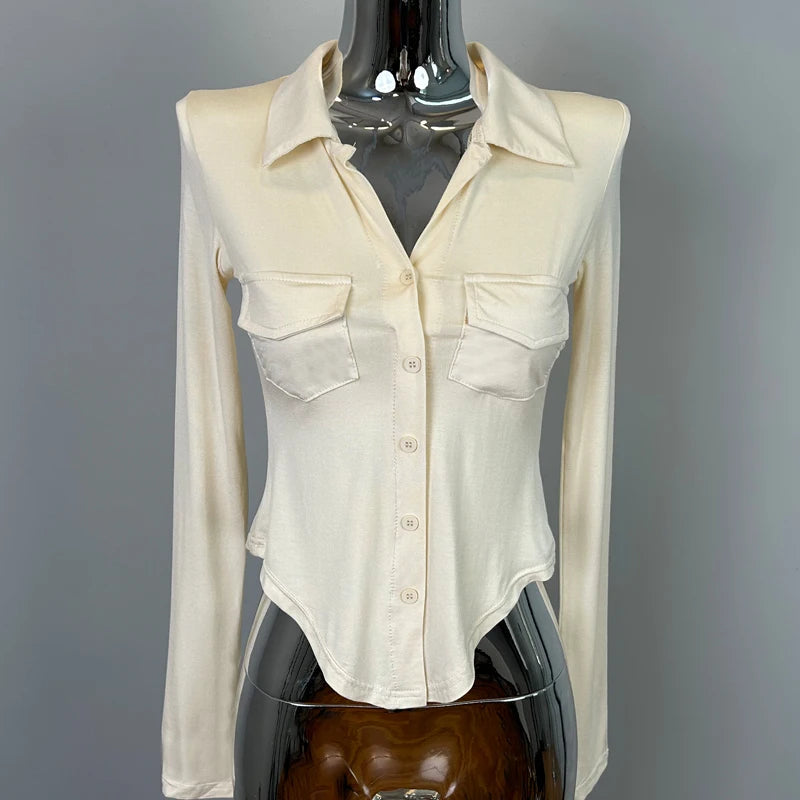 Sexy Button-Up Slim Fit Blouse – Women’s Early Autumn Korean Style Double Pocket Swing Top