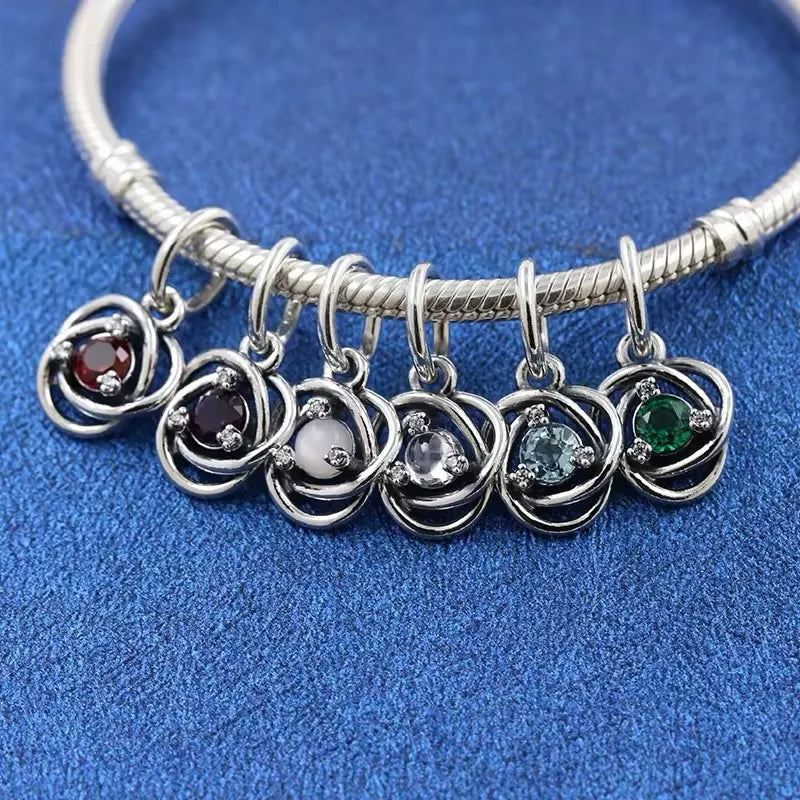 Silver S925 Twelve Month Birthstone Heart Eternity Charms | Fit Original Bracelet | Women’s DIY Fine Jewelry Beads