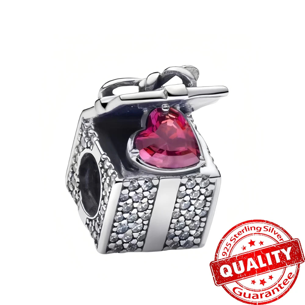 925 Sterling Silver Red Heart Charms | Apple, Rose & Gift Box Beads Fit Original Bracelet Necklace Women Jewelry