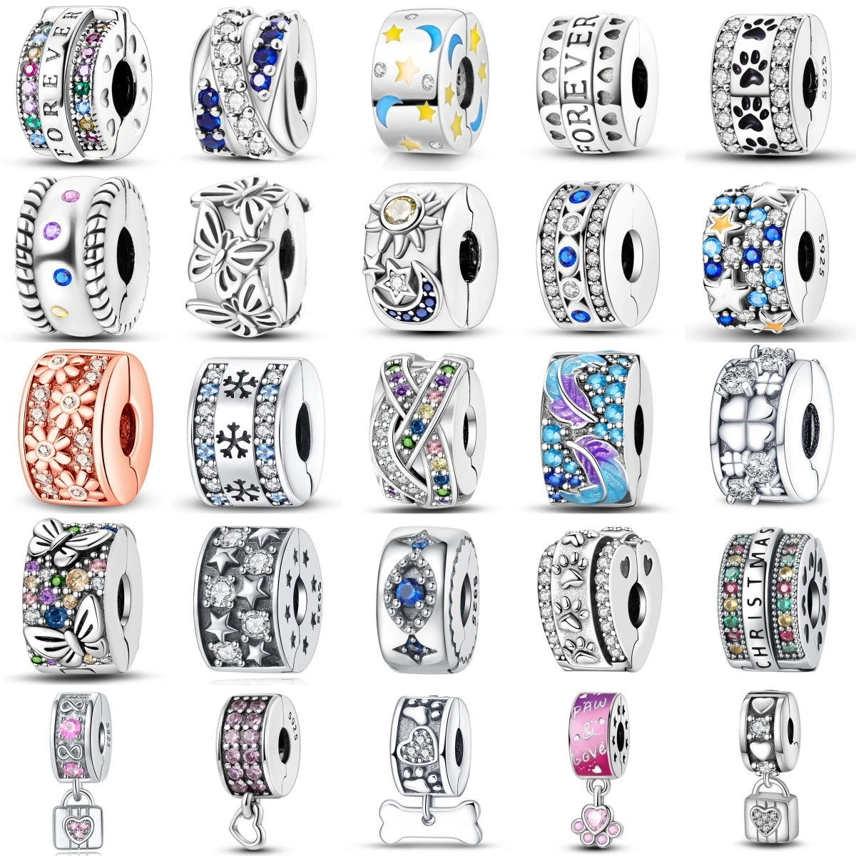 925 Sterling Silver Pave Clip Charms with Safety Chain | Colored Beads Stopper Clasp Fit Original Pandora Bracelet Jewelry