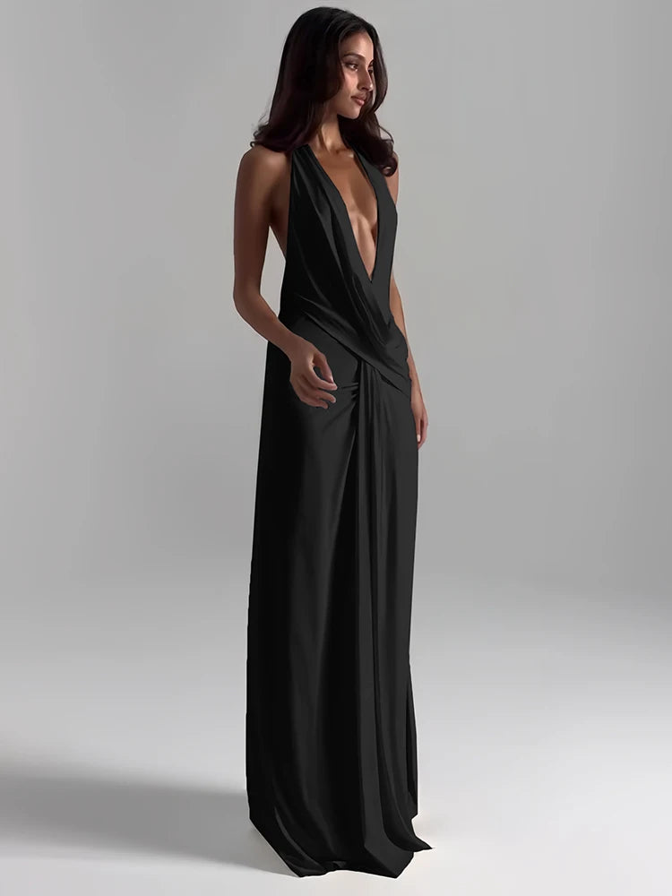 Cutenew Party Women’s Maxi Dress – Solid Halter Cross Backless V-Neck High Split Bodycon Vestido Mujer