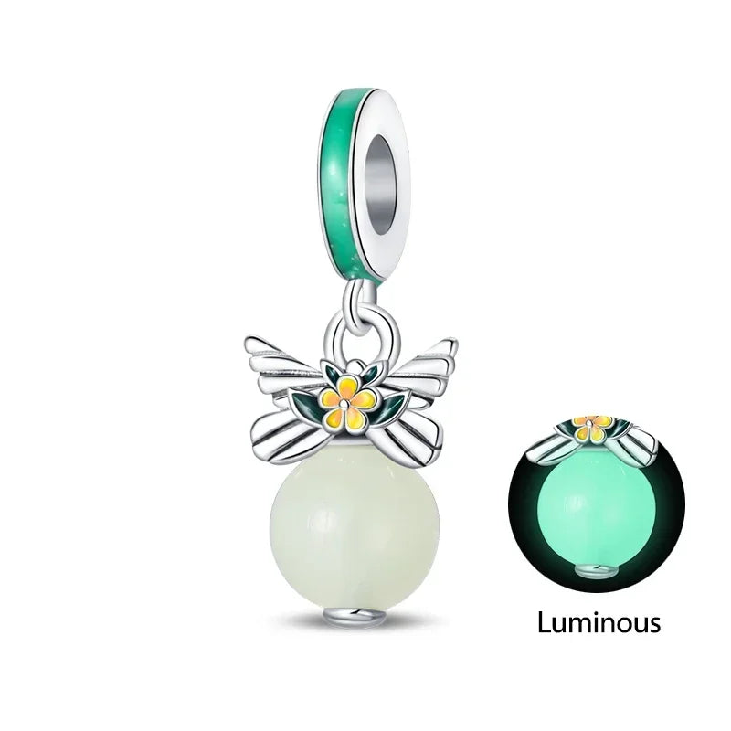 925 Sterling Silver Luminous Fairy Cat Owl Dragon Glass Charm | Original Design Bead for Bracelet DIY Jewelry