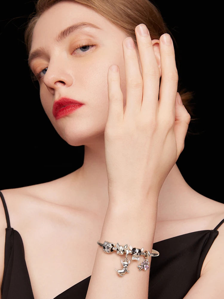 BISAER 925 Sterling Silver Dog Charm | Cute Dachshund Pet Bead Pendant for Women’s DIY Bracelet Jewelry