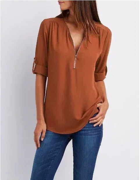 Summer Women’s Chiffon Blouse | Deep V-Neck Zipper Tops | Casual Loose Long Sleeve Plus Size Shirt