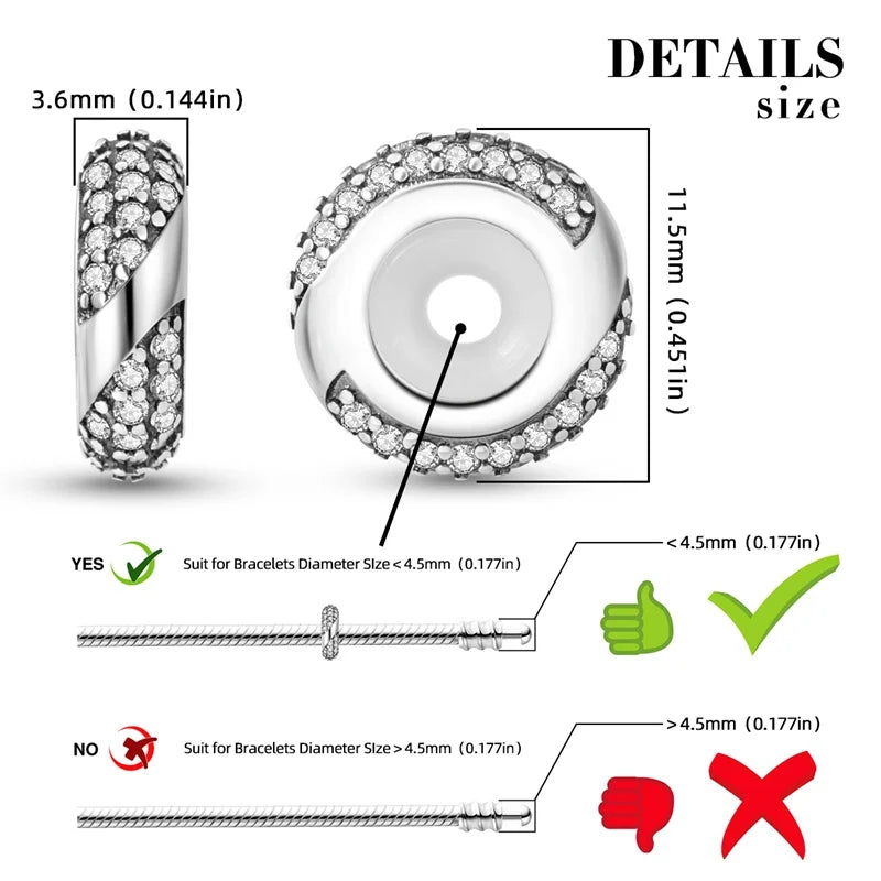 925 Sterling Silver Round Colored Zircon Spacer Beads – Fits Pandora Original Bracelets DIY Exquisite Party Jewelry