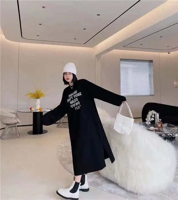 Lazy Person's Winter Sweatshirt Dress ❄️ Loose Casual Home & Outdoor Wear 👗 Personalized Letter Design 🌟