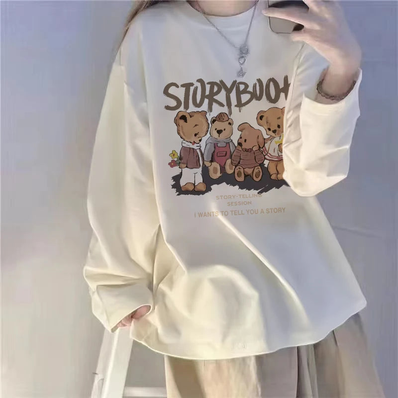 White Fleece-Lined Loose Long Sleeve Women’s T-Shirt – Slimming Base Layer Korean Style Commute Top