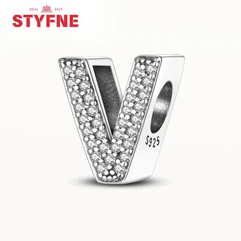 925 Sterling Silver Alphabet Letter Charm Beads with Shiny Zircon – A-Z Initial Beads for Pandora DIY Bracelet & Women’s Jewelry