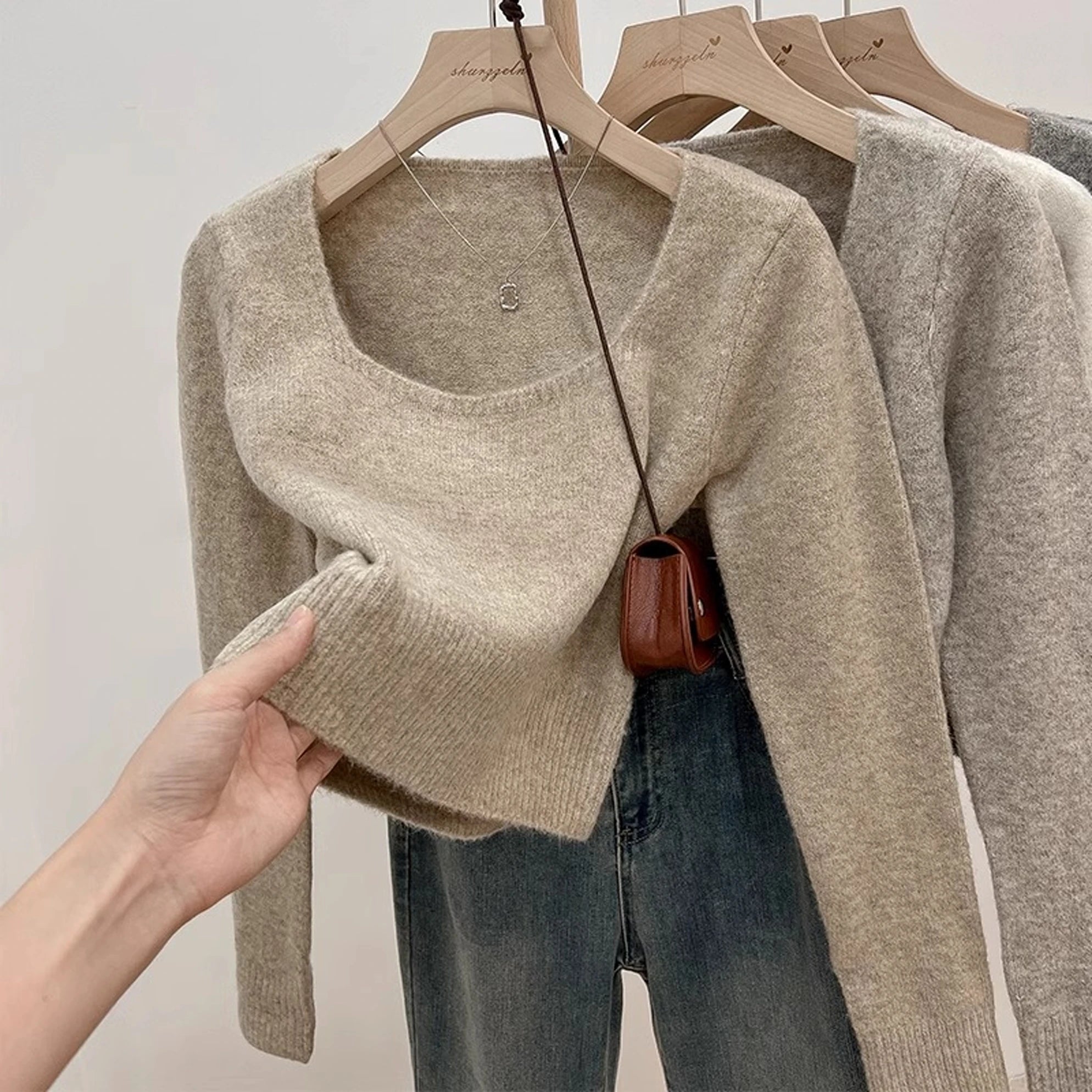✨ Soft Short Knitted Sweater Top for Women 🍁 Square Collar Slim Fit | Autumn Winter Inner Base Shirt 👚