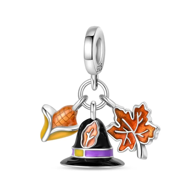 925 Sterling Silver Squirrel & Maple Leaf Charm | Shiny Zircon Autumn Beads Fit Pandora Bracelet DIY Jewelry