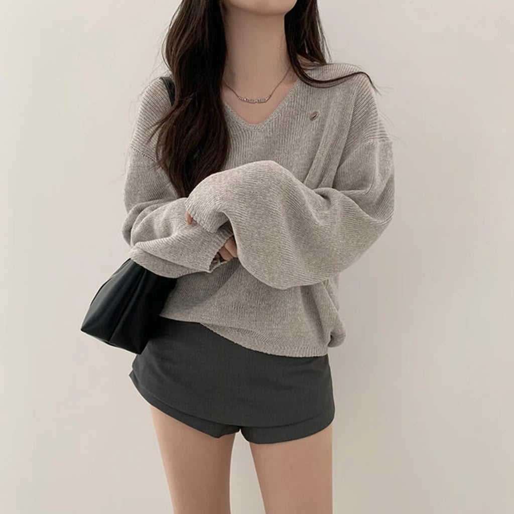 Loose Women’s Knitwear V-Neck Long Sleeve T-Shirt – Casual Comfortable Fashionable Autumn Top New Arrival