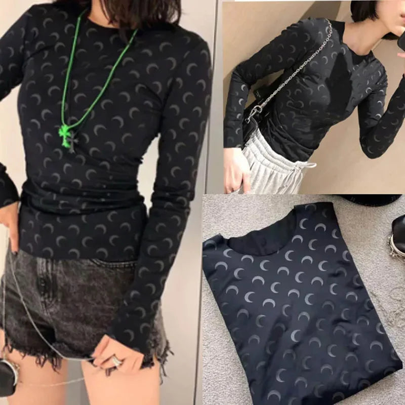 American Retro Women’s Two-Piece Set – Ice Silk Top & Pants with Moon Print Long Sleeve 🌙✨