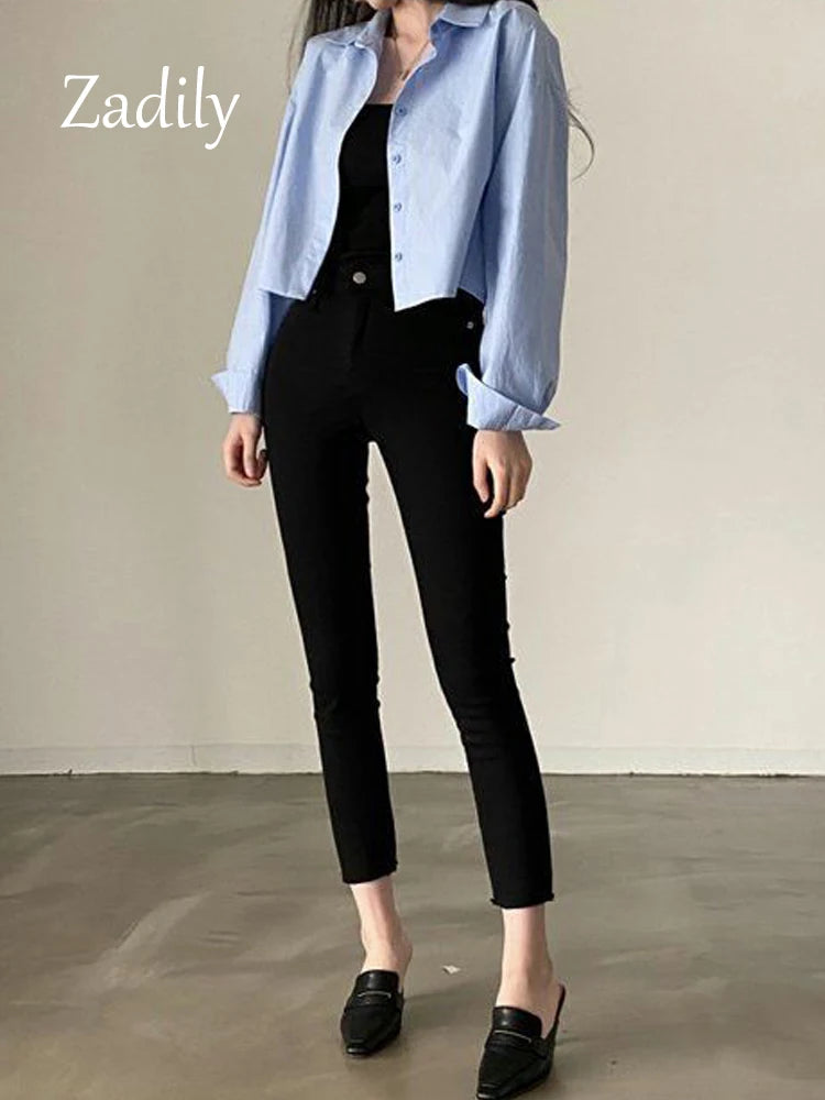 Zadily 2023 Women’s Spring White Crop Shirt – Korea Style Solid Button Split Blouse 👚✨