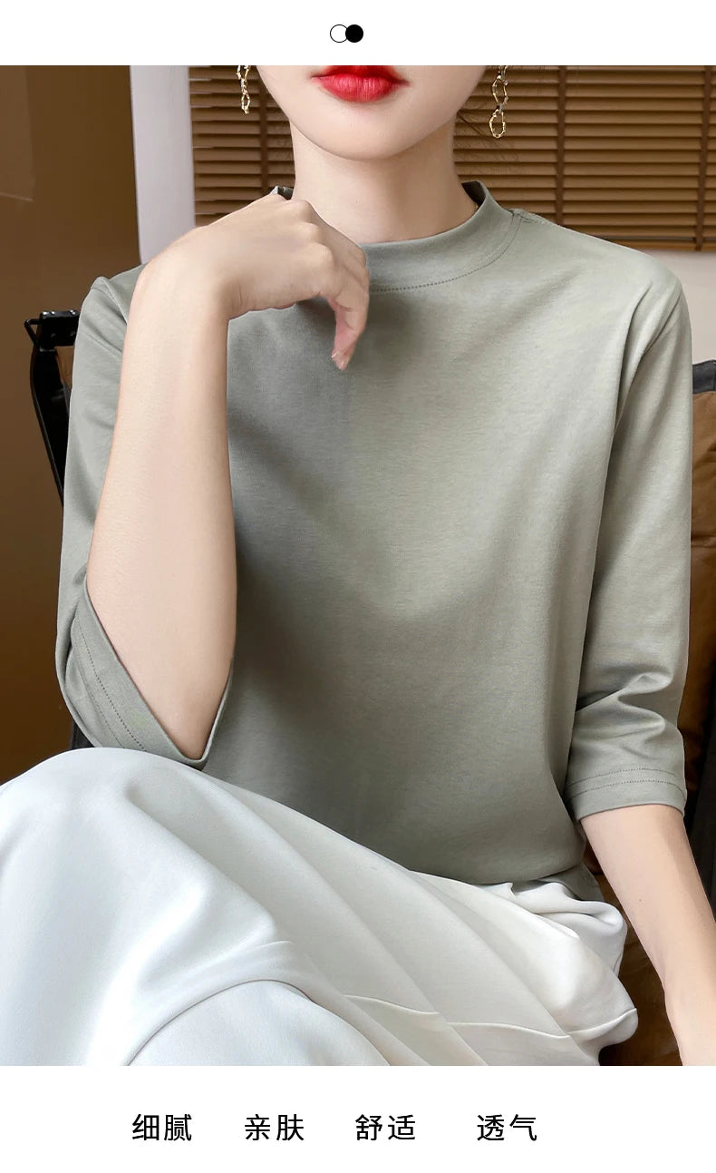 Women’s Cotton T-Shirt | Semi-High-Neck Cropped Sleeve Top | Loose Solid Color Summer & Autumn Bottoming Tee