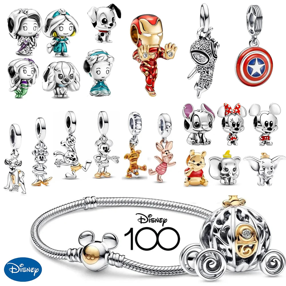 925 Sterling Silver Disney Character Beads – Mickey, Minnie, Princess, Stitch, Iron Man, Spiderman Charms for Pandora Bracelet