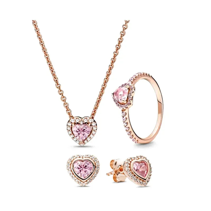 925 Sterling Silver Women’s Jewelry Set | Pink Heart Earrings, Ring & Necklace | Sparkling Luxury Holiday Gift