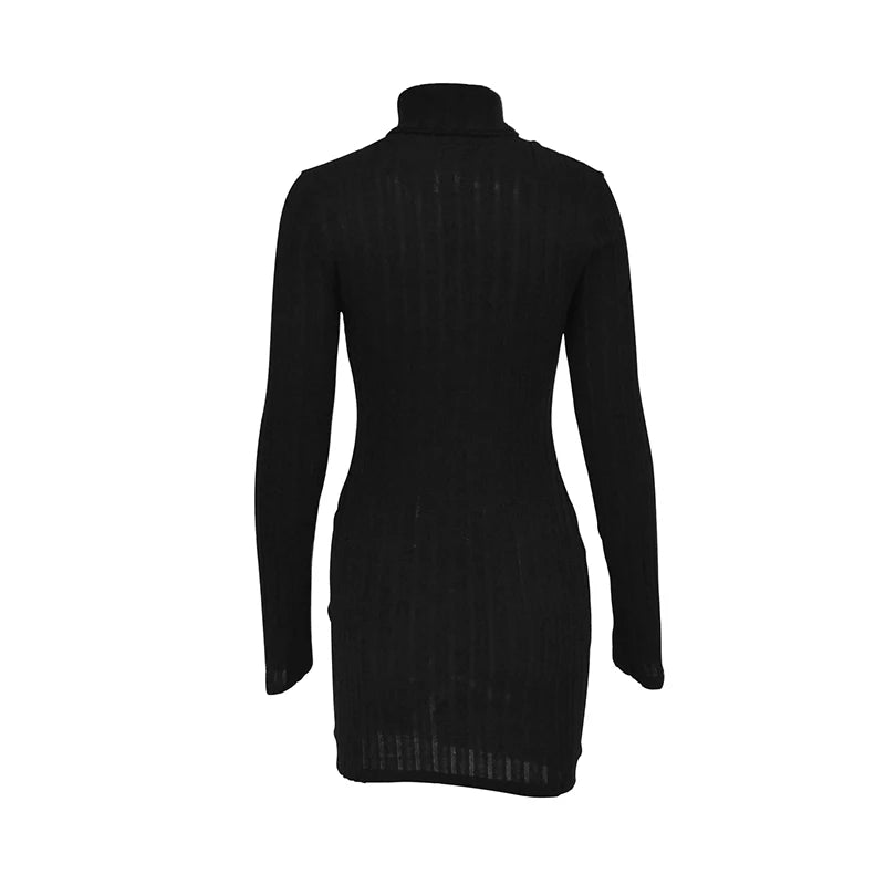Women’s Autumn Winter Turtleneck Bodycon Mini Dress – Long Sleeve Solid Sheath Sexy Club Party Knitted Dress