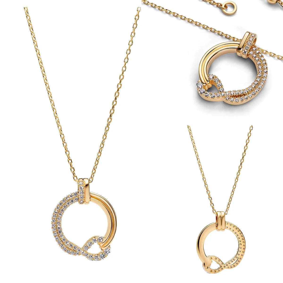 925 Sterling Silver Golden Round Necklace & Bow Earrings Set | Stars, Moon & Heart Charms Beads Women Jewelry Gift