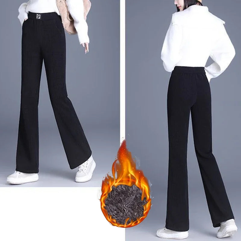 Winter Women High Waist Thermal Plush Pants – Straight Leg Fleece Trousers for Warm Casual Daily Wear