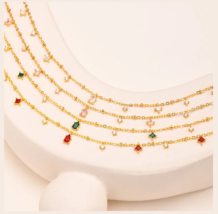 Zirconia Charms Necklace for Women – CZ Dangle Choker Bezel Station Gold Plated Jewelry