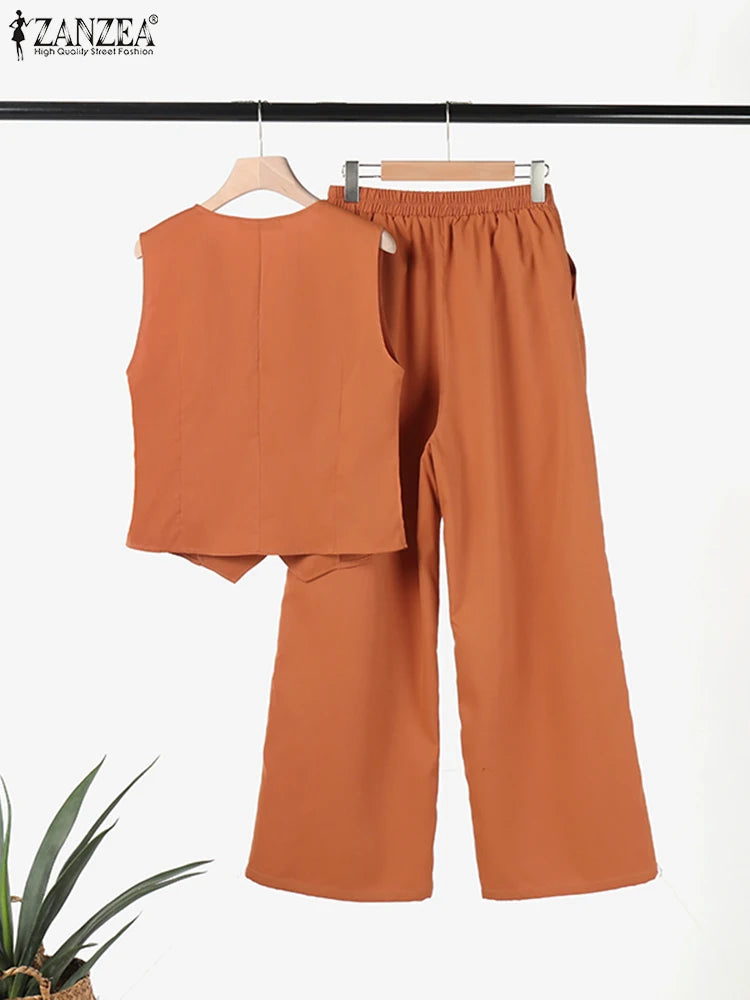 ZANZEA 2025 Elegant Women’s Two-Piece Set – Solid Color Wide Leg Pants & Vest Top Plus Size 👩‍💼✨